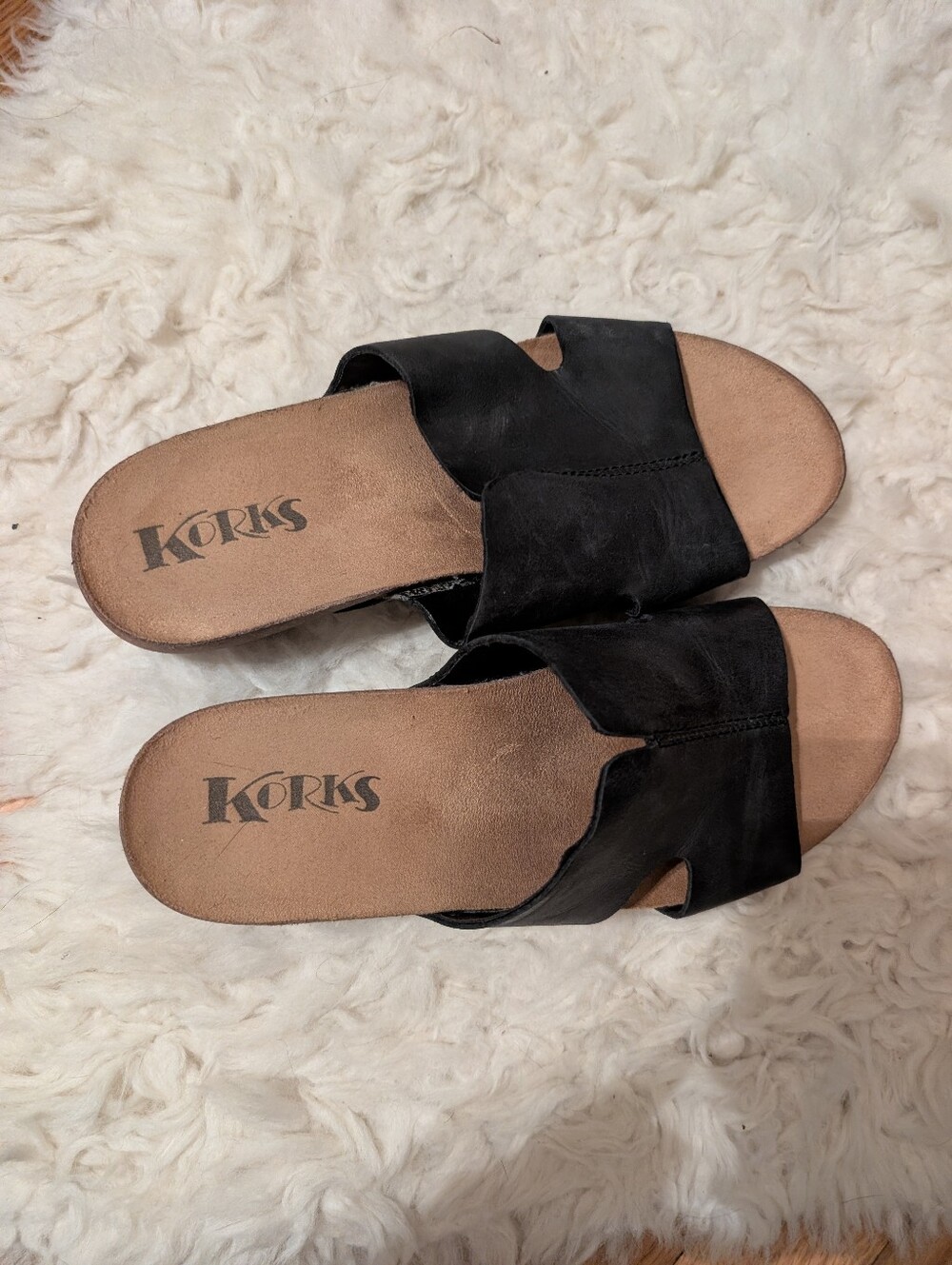 Women’s Black Leather Slip-On Korks Wedge Sandals